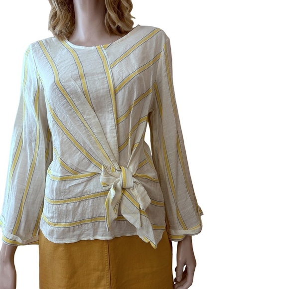 Lumina Made in Italy Linen Blouse Top Shirt Bow Tie Front Yellow Stripe NWOT - Picture 7 of 14